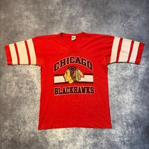 Vintage 1988 Chicago Blackhawks Trench V-Neck Jersey T-Shirt Red Mens L NHL